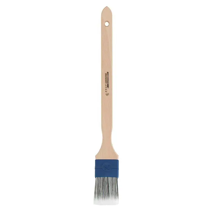Profi Depot by Storch-Ciret Eckenstreicher Lack - Breite Borsten: 50 mm, Mischborsten, Holz, Eckenpinsel - Detailaufnahme eines Holzpinsels mit blauem Borstenhalter und hellgrauen Borsten. Ideal für präzise Malerarbeiten im Innenbereich.