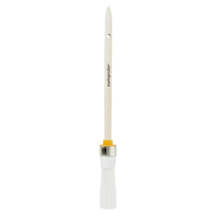 swingcolor Komfort Ringpinsel Lack - Größe Pinsel: 2, All-in-one-Borsten, Naturholz - Eine Nahaufnahme eines Swingcolor-Farbpinsels mit weißem Griff, gelbem Hals und weißen Borsten, ideal für präzise Farbaufträge.