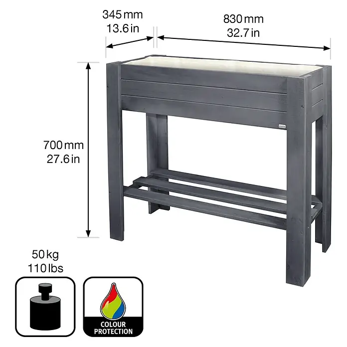 Wagner System GreenFamily Hochbeet GreenBOX light - 83 x 34,5 x 70 cm, Holz, Anthrazit - Detailaufnahme eines grauen Hochbeets aus Holz mit Maßangaben und Gewichtsinformationen.