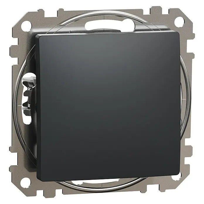 Schneider Electric Sedna Design & Elements Conmutador ciega para mecanismos - Antracita, Montaje en superficie - Primer plano de un interruptor de luz negro con marco plateado. Ideal para interiores modernos.