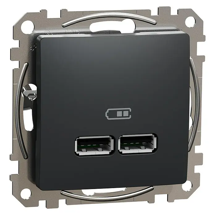 Schneider Electric Sedna Design & Elements Toma USB 2 X A - Antracita, x 2, Plástico, Instalar - Primer plano de un enchufe de pared negro con dos puertos USB e icono de batería, insertado en un marco de montaje plateado.