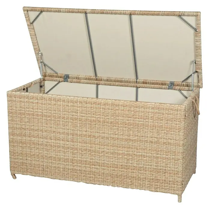 Baúl para jardín Gotland - 150 x 65 x 68 cm, Plástico, Arena - Imagen de un cofre de almacenamiento para exteriores tejido y abierto, con revestimiento beige y soportes metálicos que sujetan la tapa.