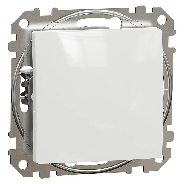 Schneider Electric Sedna Design & Elements Conmutador ciega para mecanismos - Blanco, Montaje en superficie - Primer plano de un interruptor blanco con marco plateado, que ofrece un diseño moderno y un fácil manejo para el uso diario.
