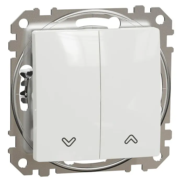 Schneider Electric Sedna Design & Elements Pulsador para persianas - Blanco, Montaje en superficie, 10 A - Primer plano de un interruptor de luz doble con símbolos de flecha que indican la función de subir y bajar, incrustado en un marco metálico.
