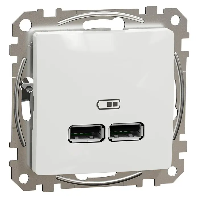 Schneider Electric Sedna Design & Elements Toma USB 2 X A - Blanco, x 2, Plástico, Colocar - Primer plano de una estación de carga de pared USB doble blanca con marco de metal, que combina funcionalidad y diseño moderno.