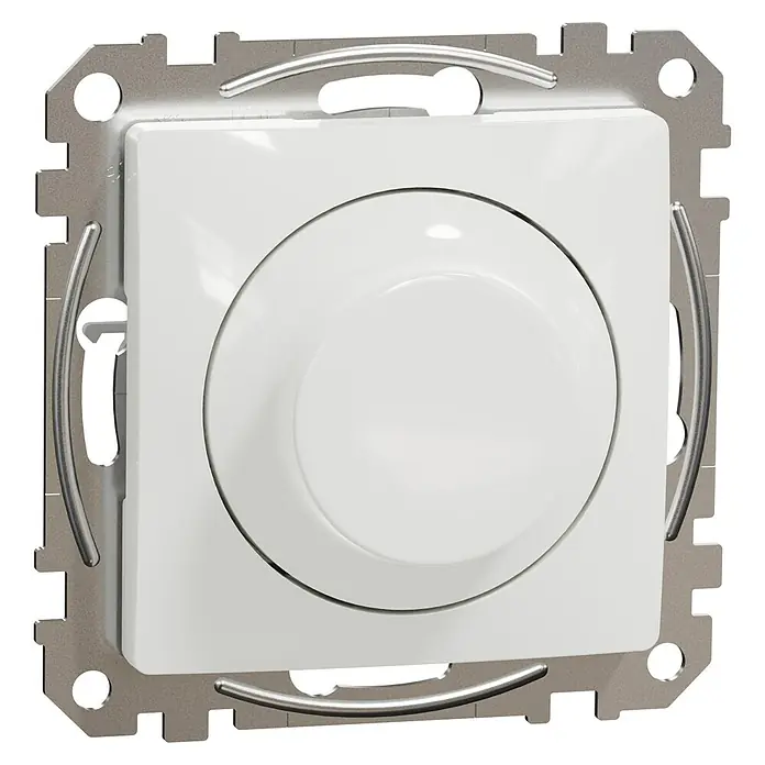 Schneider Electric Sedna Design & Elements Regulador luminoso Universal - Blanco, Instalar - Primer plano de un interruptor de regulación blanco con una placa frontal cuadrada con un botón giratorio central, enmarcado por un marco metálico.