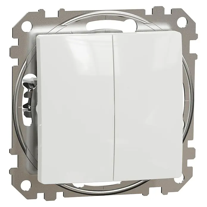 Schneider Electric Sedna Design & Elements Conmutador doble - Blanco, Colocar, Plástico, 10 A - Un interruptor de luz doble con dos botones y un marco metálico. Perfecto para hogares modernos y fácil de usar.