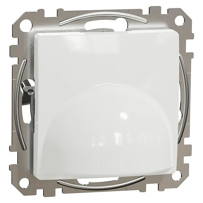 Schneider Electric Sedna Design & Elements Tapa ciega salida de cables - Blanco, Brillante, Plástico, Montaje en superficie - Vista detallada de un detector de movimiento blanco con marco plateado. El sensor es cuadrado con una lente redondeada y sobresaliente.