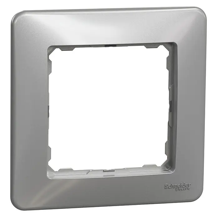 Schneider Electric Sedna Design & Elements Marco - Aluminio, Modelo de mecanismos: x 1, Plástico, Empotrar - Primer plano de una cubierta de marco plateada de Schneider Electric para un enchufe, que muestra un diseño limpio y moderno.