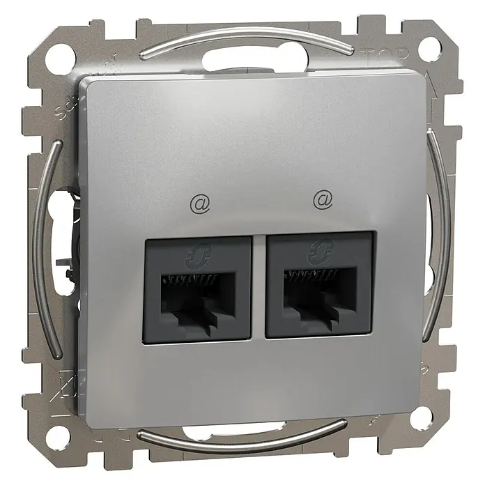 Schneider Electric Sedna Design & Elements Toma de red RJ45 UTP - Aluminio, x 2, Plástico, Instalar - Una toma de red doble plateada con dos puertos RJ45, montada en un soporte de pared. Adecuado para conectar cables Ethernet.