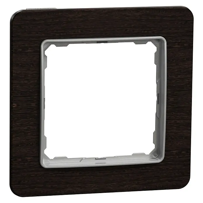 Schneider Electric Sedna Design & Elements Marco - Wengué, Modelo de mecanismos: x 1, Plástico, Empotrar - Primer plano de una tapa de enchufe cuadrada de madera oscura con marco plateado. Diseño elegante para interiores estilosos.