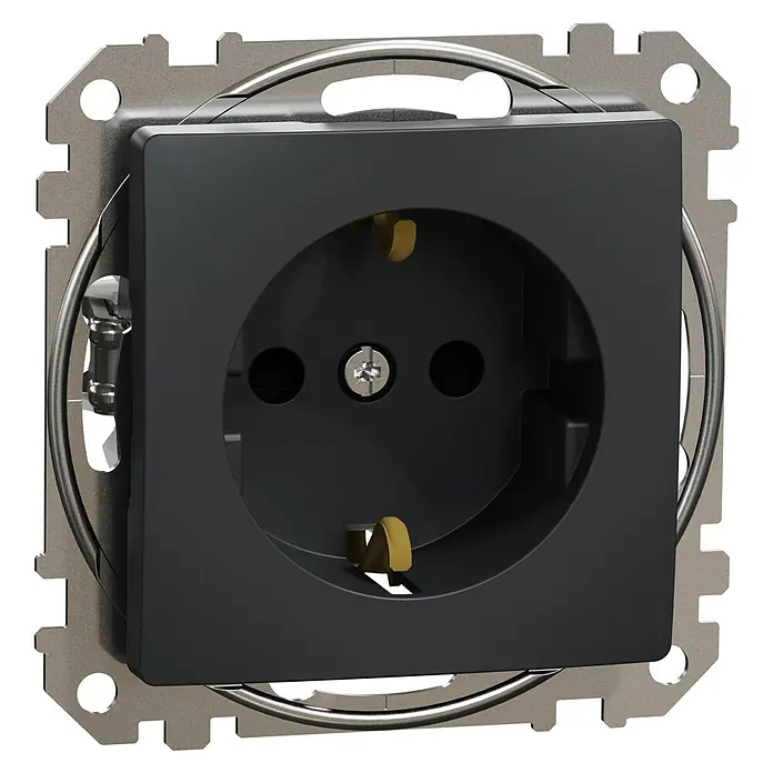 Schneider Electric Sedna Design & Elements Enchufe - Antracita, 16 A, Empotrar - Primer plano de un enchufe negro con marco plateado. Ideal para interiores modernos y una fuente de alimentación segura.