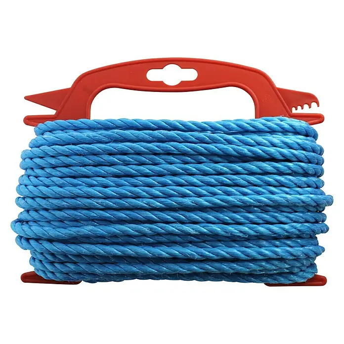 Stabilit PP-SeilØ x L: 6 mm x 20 m, Polypropylen, Blau, 3-schäftig gedreht - Auf einer roten Spule aufgewickeltes, leuchtend blaues Seil. Perfekt für verschiedene Anwendungen, von Gartenarbeit bis zu Bastelarbeiten.