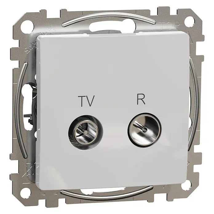 Schneider Electric Sedna Design & Elements Toma TV R 10dB Intermedia - Aluminio, Instalar - Primer plano de una toma de pared blanca para antena de TV y radio con marco y conectores plateados.