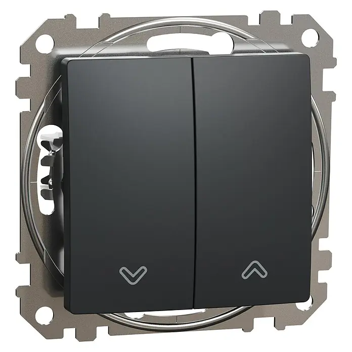 Schneider Electric Sedna Design & Elements Interruptores para persianas - Antracita, Montaje en superficie, 10 A - Primer plano de un interruptor de pared doble negro con símbolos de flecha en un soporte plateado, ideal para espacios modernos.
