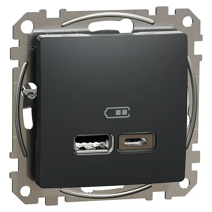 Schneider Electric Sedna Design & Elements Toma USB Tipo A y C - Antracita, x 2, Plástico, Colocar - Estación de carga empotrada con puertos USB-A y USB-C en negro elegante, ideal para cargar dispositivos electrónicos directamente en la pared.