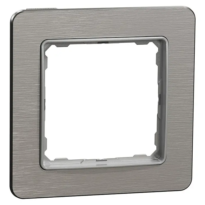 Schneider Electric Sedna Design & Elements Marco - Aluminio cepillado, Modelo de mecanismos: x 1, Plástico, Instalar - Primer plano de una cubierta de interruptor cuadrada y elegante de metal cepillado, que muestra su estilo moderno y un acabado de alta calidad.