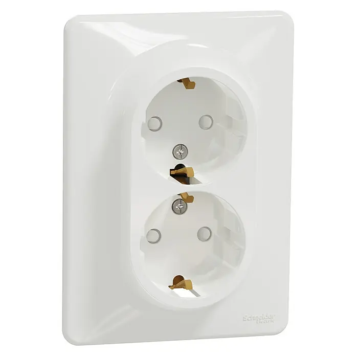 Schneider Electric Sedna Design & Elements Enchufe doble - Blanco, Brillante, Plástico, Montaje en superficie - Primer plano de una toma de corriente doble blanca de Schneider Electric, que muestra un diseño moderno y minimalista.
