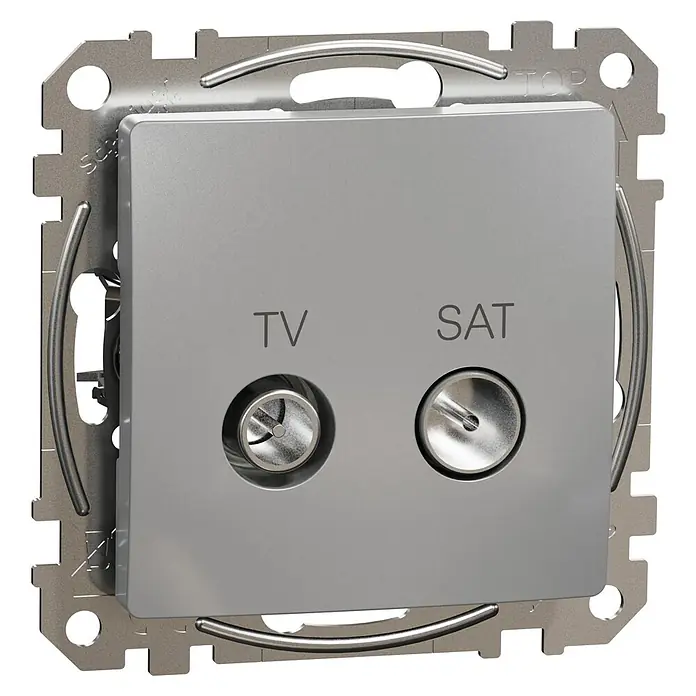 Schneider Electric Sedna Design & Elements Pieza insertada para caja de antena 4dB Final - Aluminio - Primer plano de una toma de antena de TV y SAT moderna, ideal para conectar televisores y receptores de satélite.