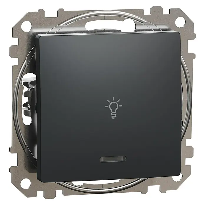 Schneider Electric Sedna Design & Elements Pulsador con luz LED - Antracita, 10 A, Plástico, Instalar - Primer plano de un interruptor de luz negro con marco plateado y un pequeño símbolo de bombilla en la superficie.