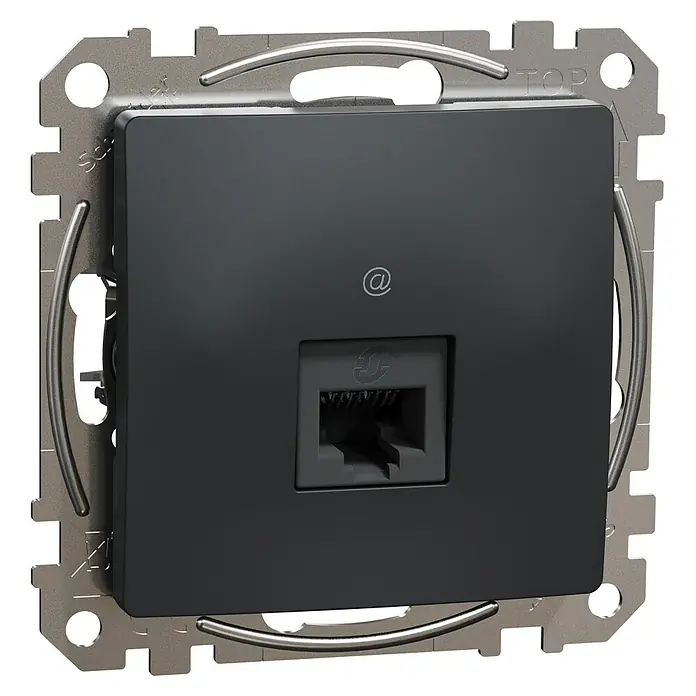 Schneider Electric Sedna Design & Elements Toma de red RJ45 UTP - Antracita, x 1, Plástico, Empotrar - Primer plano de una toma de red RJ45 negra con marco metálico, ideal para oficinas y hogares modernos.