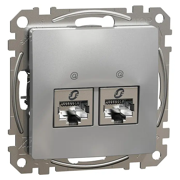 Schneider Electric Sedna Design & Elements Toma de red RJ45 STP - Aluminio, x 2, Plástico, Instalar - Primer plano de una toma de datos plateada con dos puertos de red y un símbolo "@", ideal para soluciones de red modernas.