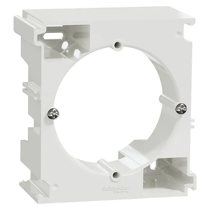 Schneider Electric Sedna Design & Elements Caja de superficie - 4,3 x 7,8 x 8,4 cm, Colocar, Blanco - Primer plano de una caja de empotrar blanca de Schneider Electric, con tornillos para la fijación y una apertura redonda.