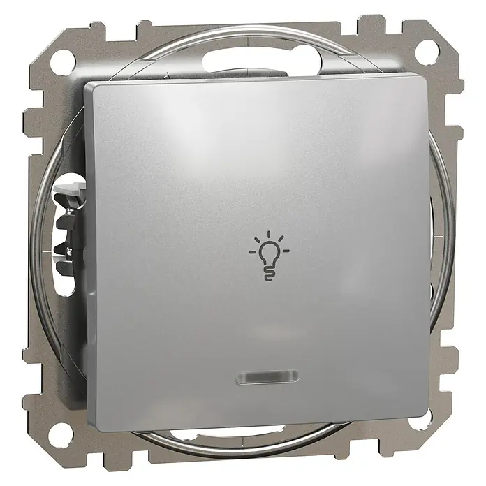 Schneider Electric Sedna Design & Elements Pulsador con luz LED - Aluminio, 10 A, Plástico, Instalar - Un elegante interruptor de luz plateado con un sutil símbolo de bombilla, enmarcado en un moderno soporte metálico para tu hogar.