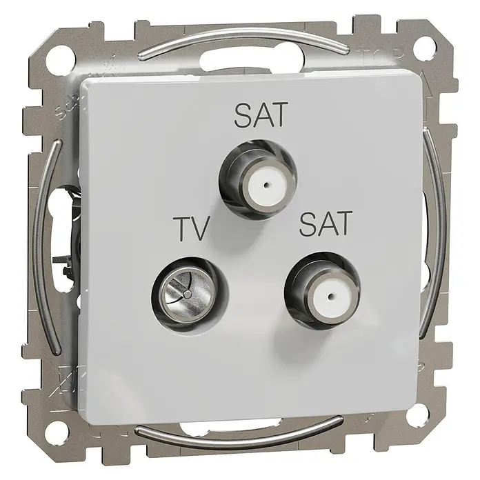 Schneider Electric Sedna Design & Elements Pieza insertada para caja de antena - SAT 4dB Final - Aluminio - Primer plano de una toma de antena de TV/SAT blanca y plateada para montaje en pared, diseñada para recibir señales de televisión y satélite.