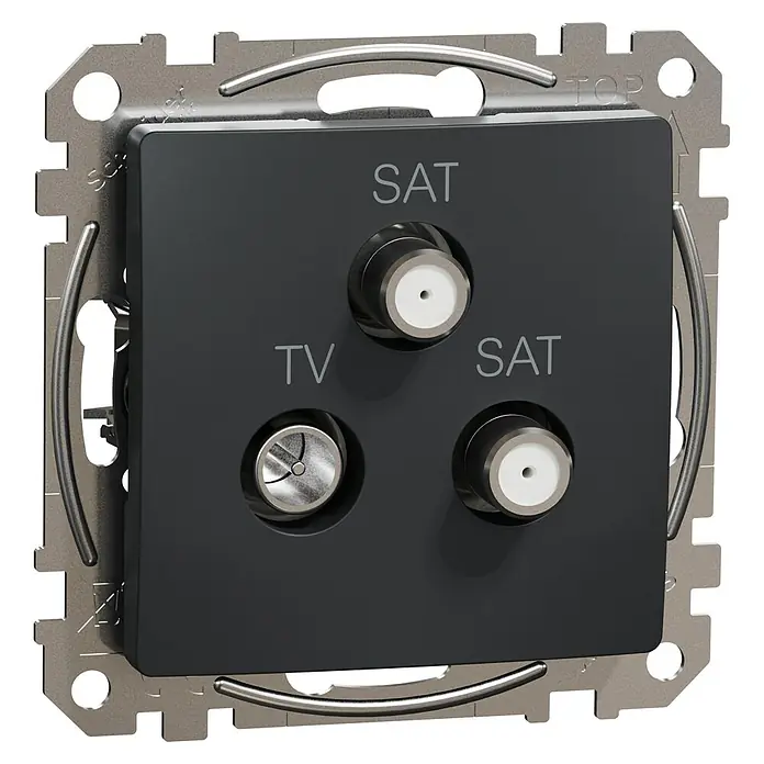Schneider Electric Sedna Design & Elements Pieza insertada para caja de antena - SAT 4dB Final - Antracita - Una toma de antena con tres puertos (TV, SAT, SAT) sobre una cubierta cuadrada antracita integrada en un marco metálico.