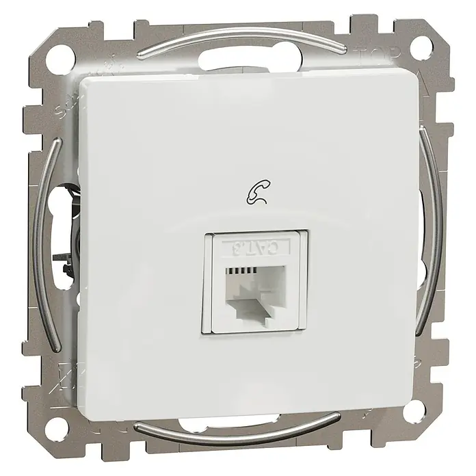 Schneider Electric Sedna Design & Elements Toma de teléfono - Blanco, Instalar, 1 ud. - Primer plano de una toma telefónica CAT.3 blanca con marco metálico, ideal para instalaciones en oficinas y hogares.