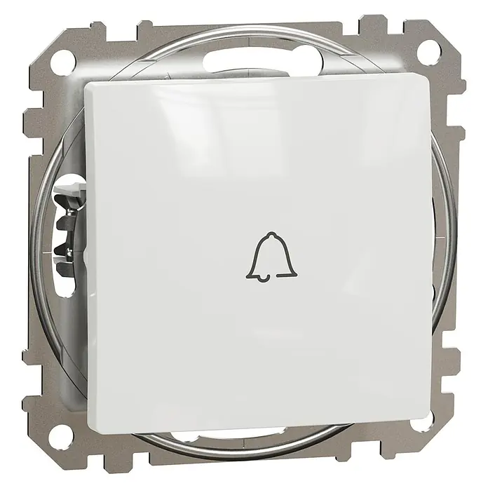 Schneider Electric Sedna Design & Elements Pulsador para estancias con humedad - Blanco, Montaje en superficie, IP20 - Primer plano de un botón de timbre blanco con un símbolo de campana y un marco de color plateado sobre un fondo negro.