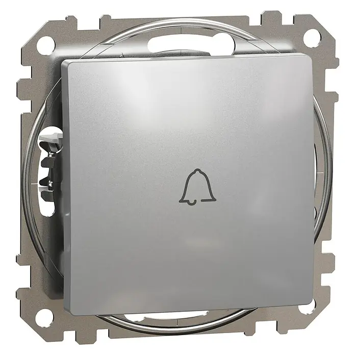 Schneider Electric Sedna Design & Elements Pulsador para estancias con humedad - Aluminio, Montaje en superficie, IP20 - Primer plano de un timbre plateado con símbolo de campana, montado en una placa metálica con orificios de fijación.