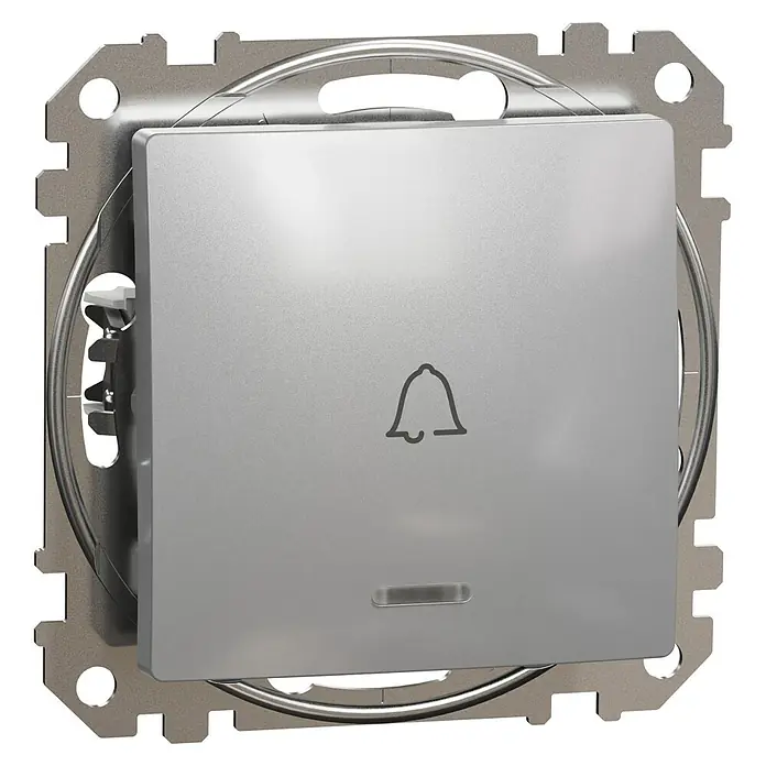 Schneider Electric Sedna Design & Elements Pulsador para estancias con humedad LED - Aluminio, Montaje en superficie, IP20 - Primer plano de un timbre plateado con símbolo de campana y marco metálico sobre fondo negro.