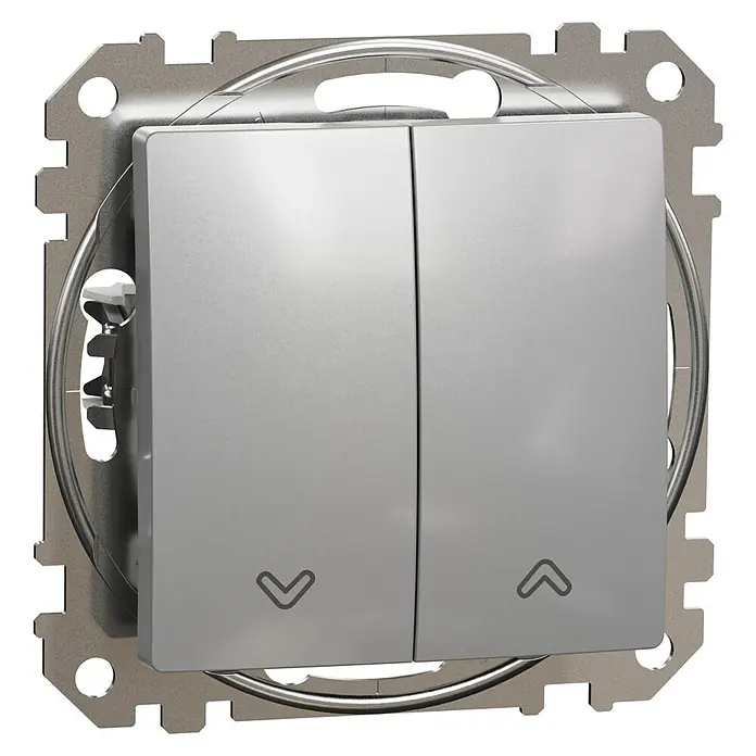 Schneider Electric Sedna Design & Elements Pulsador para persianas - Aluminio, Montaje en superficie, 10 A - Primer plano de un moderno interruptor de luz doble plateado con símbolos de flecha, montado en una placa de montaje metálica.