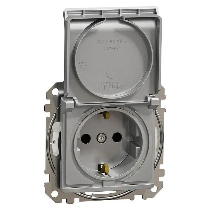 Schneider Electric Sedna Design & Elements Enchufe con tapa - Aluminio, 16 A, Colocar, IP44 - Primer plano de un enchufe de corriente Schneider Electric con tapa protectora, ideal para exteriores o ambientes húmedos. Construcción duradera para protección fiable.