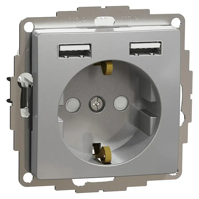 Schneider Electric Sedna Design & Elements Enchufe con USB - Aluminio, 16 A - Enchufe plateado con dos puertos USB y un tornillo en el centro sobre un fondo negro.