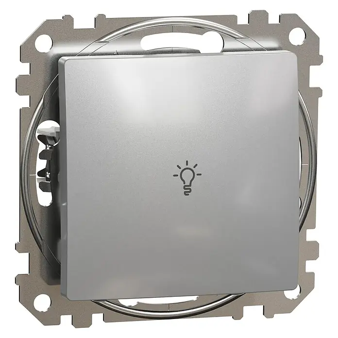 Schneider Electric Sedna Design & Elements Pulsador con luz - Aluminio, 10 A, Plástico, Instalar - Primer plano de un interruptor de luz inteligente plateado con un símbolo de bombilla, rodeado por una placa de montaje, sobre un fondo negro.