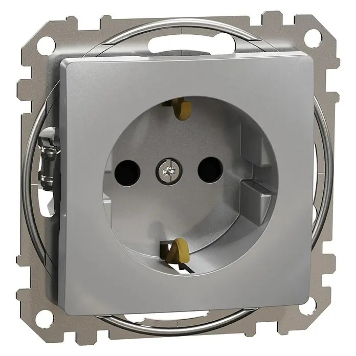 Schneider Electric Sedna Design & Elements Enchufe - Aluminio, 16 A, Empotrar - Primer plano de un enchufe plateado con tornillo y contacto de tierra sobre fondo negro.