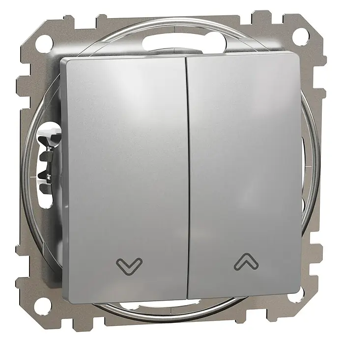 Schneider Electric Sedna Design & Elements Interruptores para persianas - Aluminio, Montaje en superficie, 10 A - Primer plano de un interruptor basculante doble plateado con símbolos de flecha en un marco de montaje.