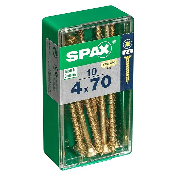 Spax Universalschraube - 4 x 70 mm, Vollgewinde, 10 Stk. - Dose Spax Universalschrauben 4x70 mm mit Senkkopf, Teilgewinde und gelb verzinkter Oberfläche für vielseitige Anwendungen.