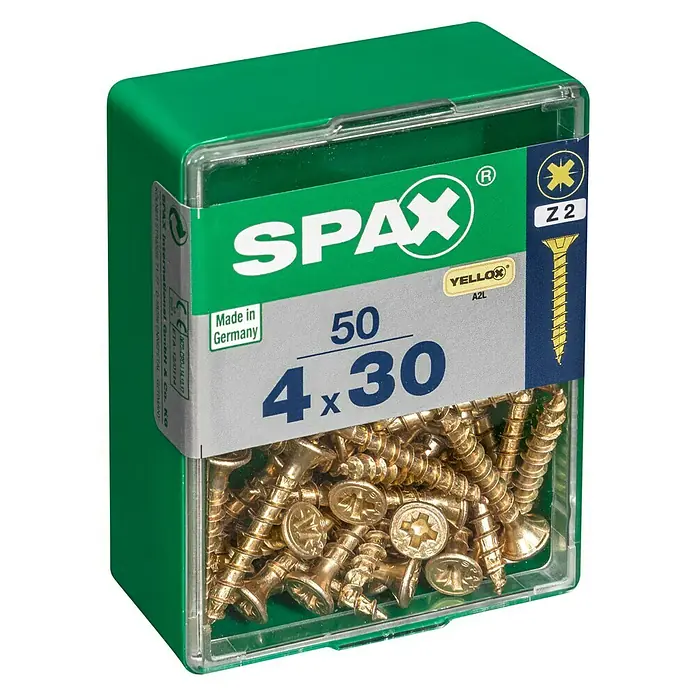 Spax Universalschraube - 4 x 30 mm, Vollgewinde, 50 Stk. - Dose mit 50 gelb verzinkten SPAX-Schrauben 4x30 mm, ideal für Holzkonstruktionen. Made in Germany, bekannt für Qualität und Zuverlässigkeit.