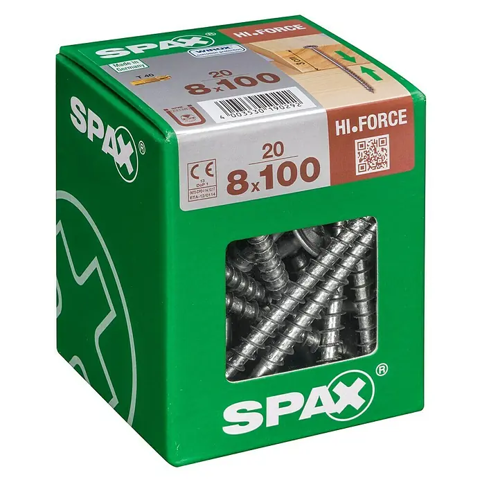 Spax HI FORCE Tellerkopfschraube HI.FORCE - Ø x L: 8 x 100 mm, WIROX Oberfläche, T-Star plus, 20 Stk. - Eine grüne Packung Spax HI.FORCE Schrauben, Größe 8x100, ideal für robuste Holzverbindungen und Heimwerkerprojekte.
