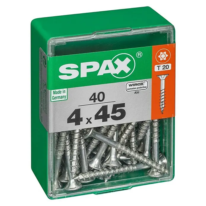 Spax T-Star plus Universalschraube T-Star plus - Ø x L: 4 x 45 mm, WIROX Oberfläche, T-Star plus, 40 Stk. - Dose mit 40 SPAX Universalschrauben 4x45 mm, ideal für Holzverbindungen. Mit WIROX-Beschichtung für Korrosionsschutz und T20-Antrieb für optimale Kraftübertragung.