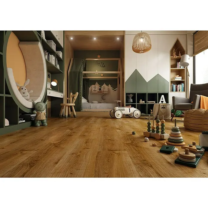 LOGOCLIC Junta de transición Arábica - 2,44 m x 42 mm x 12 mm, Pegado - Acogedora habitación infantil con un cálido suelo de madera, complementada con muebles lúdicos y detalles llenos de color.