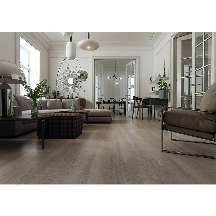 LOGOCLIC Junta de transición Wembley - 2,44 m x 42 mm x 16 mm, Pegado - Suelo de madera clara en un salón elegante, creando un ambiente cálido y acogedor. El suelo aporta belleza natural al espacio.