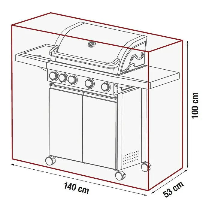 Grillstar Funda protectora para barbacoa Atlanta 450 - Plástico, Específico para: Barbacoa de gas Grillstar Atlanta 450 - Ilustración de una cubierta de parrilla con dimensiones de 140 cm x 53 cm x 100 cm.