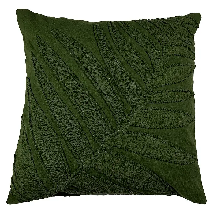 Kissen Lowie - Chive, 45 x 45 cm, 100 % Baumwolle - Quadratisches, dunkelgrünes Kissen mit einem erhabenen Farnmuster, das Textur und natürliche Eleganz verleiht.