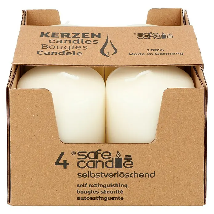 Stumpenkerzen-Set Safe Candle - 4 Stk., Ø x H: 6 x 8 cm, Wollweiß - Karton mit vier selbstverlöschenden Safe Candle Stumpenkerzen, hergestellt in Deutschland.