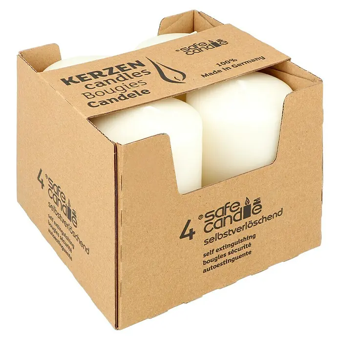 Stumpenkerzen-Set Safe Candle - 4 Stk., Ø x H: 6 x 10 cm, Wollweiß - Eine Packung mit vier Safe Candle Kerzen, selbstverlöschend und aus Deutschland.